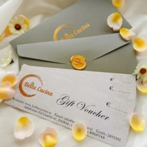 Bella Cucina gift voucher with envelope and decorative flowers