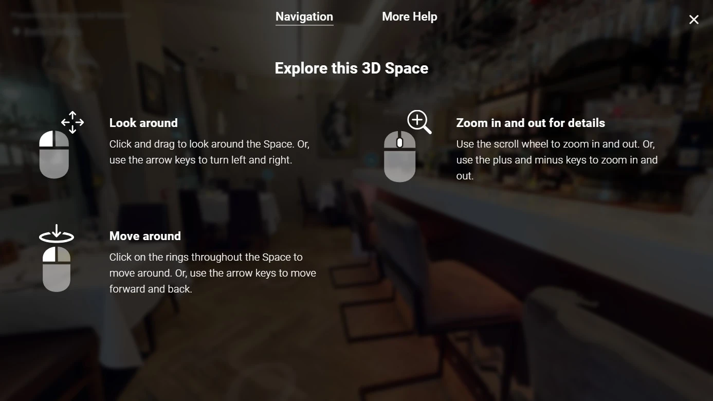 Instructions and controls for navigating the Bella Cucina 3D virtual tour