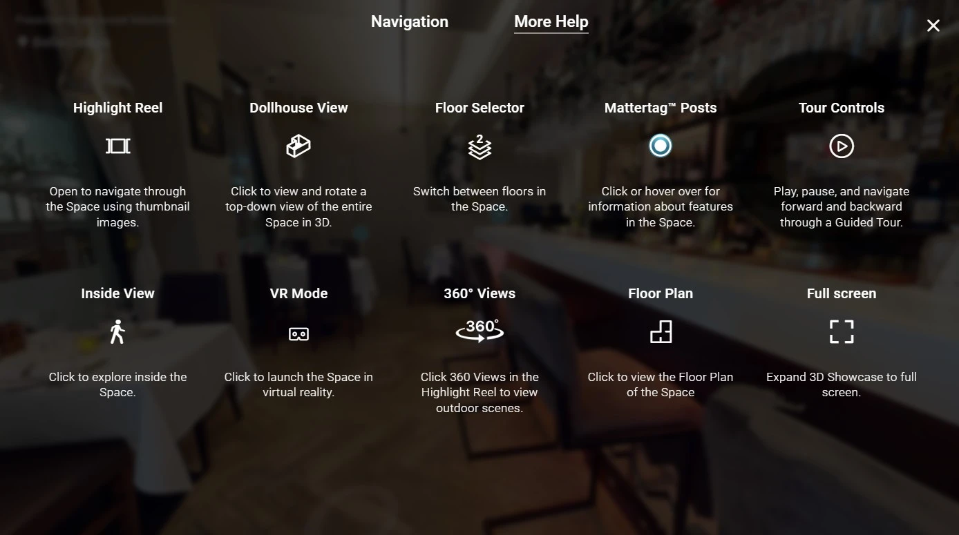 Navigation guide showing how to explore the Bella Cucina virtual tour