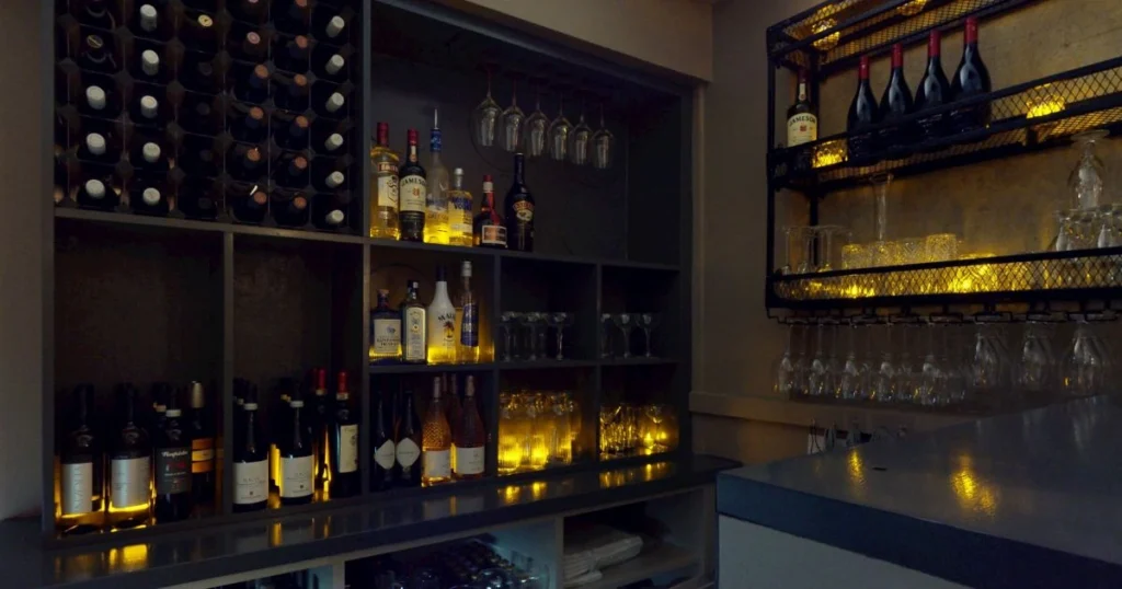 Wine display and bar area featuring a selection of Italian wines at Bella Cucina