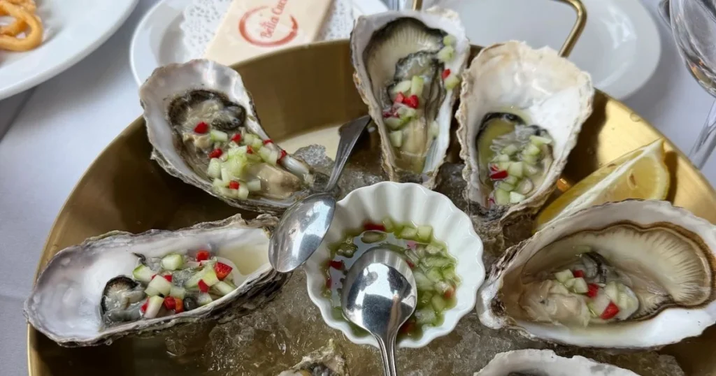 Fresh oysters served on ice with lemon and garnish